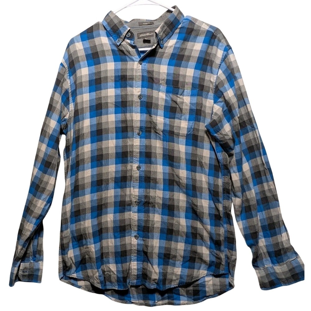 Eddie Bauer Shirt Men Medium Blue Gray Plaid Button Down Flannel Long Sleeves